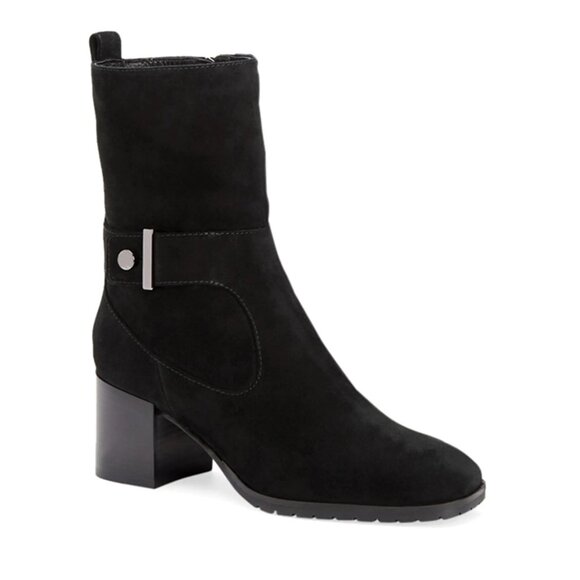 Aquatalia Collette Waterproof Suede Booties 7.5 black low calf buckle block heel - Picture 1 of 12